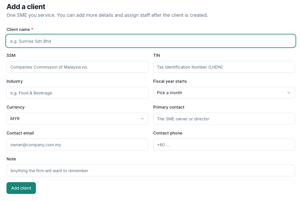 Full add client form